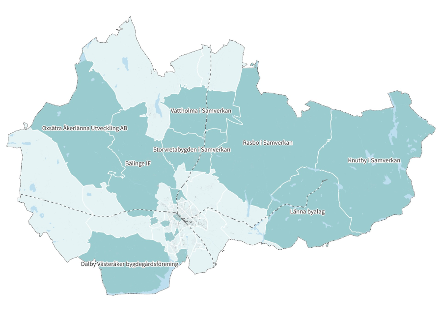 Karta över Uppsala kommun som visar de lokala bygderåden.