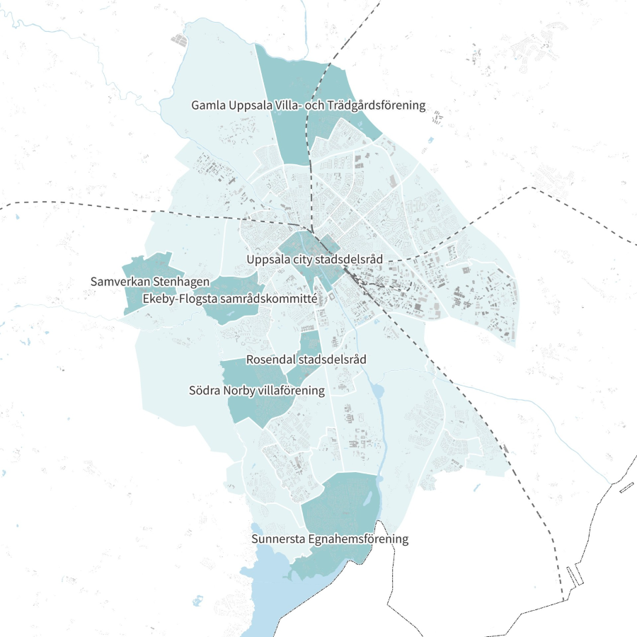 Karta över Uppsala tätort som visar de lokala stadsdelsråden.