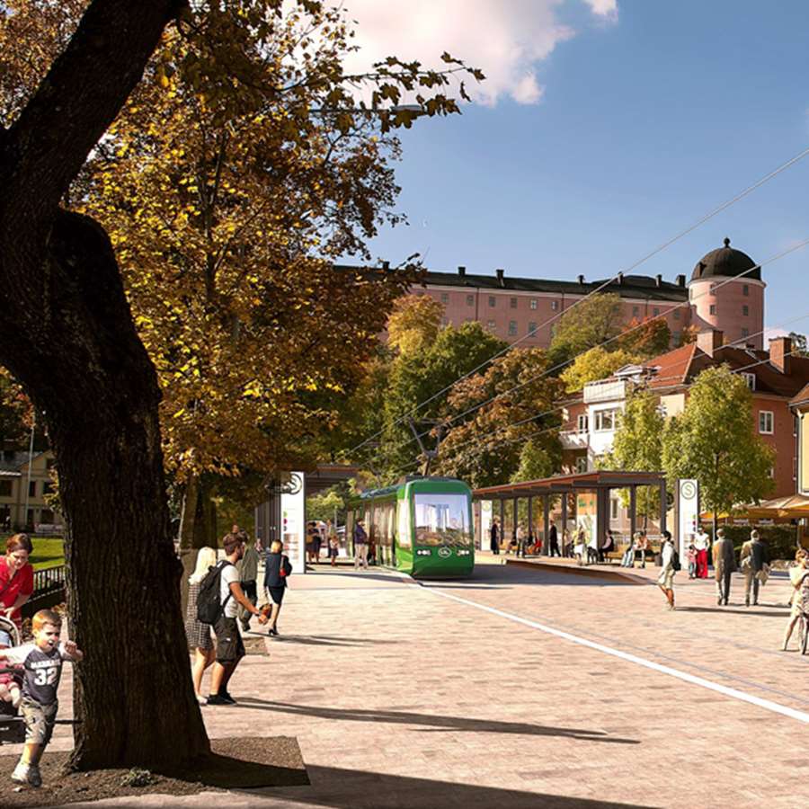 Illustration av spårvagn vid Svandammen