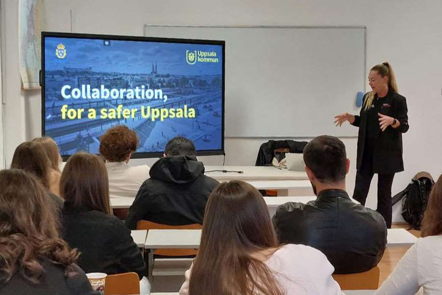Hilde Wiberg presenterar Uppsala ungomsjours arbete för medarbetare i Rumänien