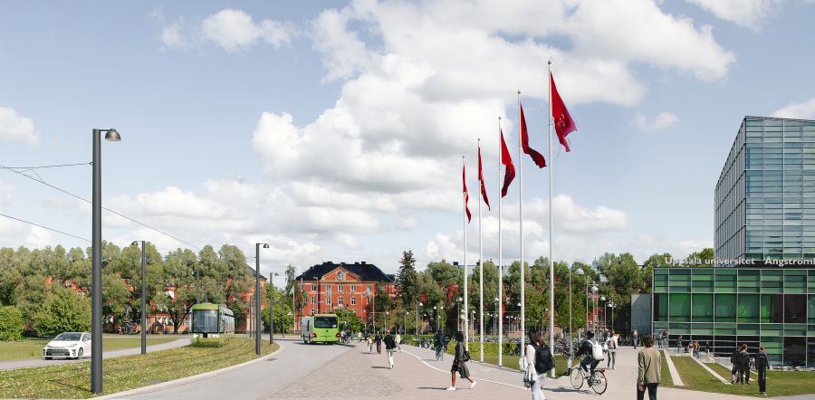 Målbild på hur spårväg kan se ut på Regementsvägen i Uppsala.
