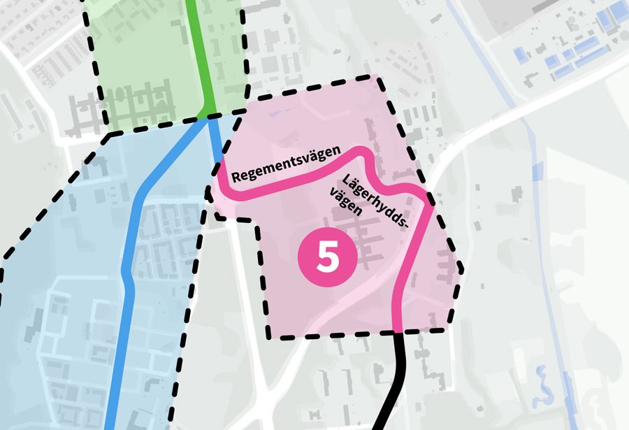 Etapp 5 omfattar sträckan Regementsvägen-Lägerhyddsvägen mellan cirkulationsplatsen vid Dag Hammarskjölds väg och en bit av Ulleråkersvägen.