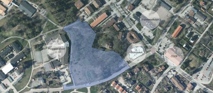 I Grandins backe, centralt i Storvreta, planerar Uppsalahem att bygga hyreslägenheter, varav en del seniorbostäder samt ett vårdboende. Bild: Uppsala kommun.
