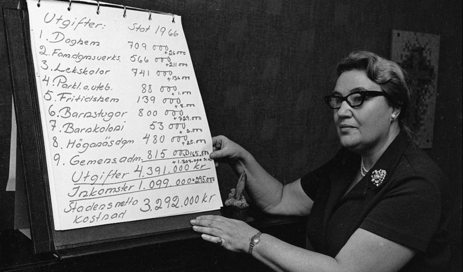 Kvinna pekar på blädderblock