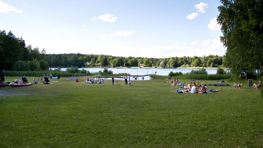 Ett femtiotal personer i grupperingar på gräsmattan vid Borgardalsbadet.