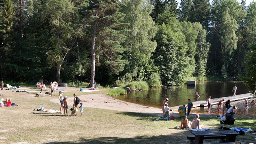 Ett tjugotal personer befinner sig på fräsmattan, bryggan eller i vattnet vid Lafsenbadet.