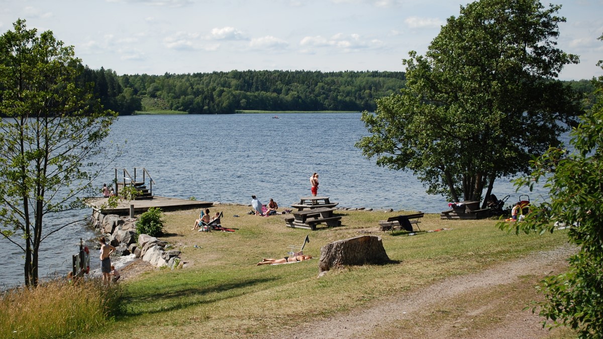 Ett tiotal personer vid badplatsen i Pilsbo friluftsområde.