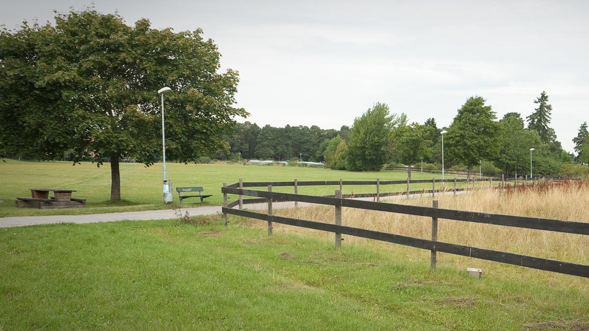 Stora gräsytor och en hage i Gränbyparken.