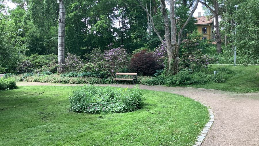 Bänk längs en grusgång i Stabbylyckan.
