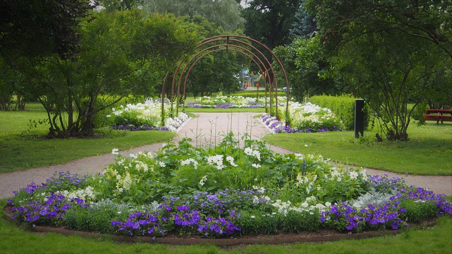 Grusgångar omgärdade av blomsterrabatter med blå och vita blommor.