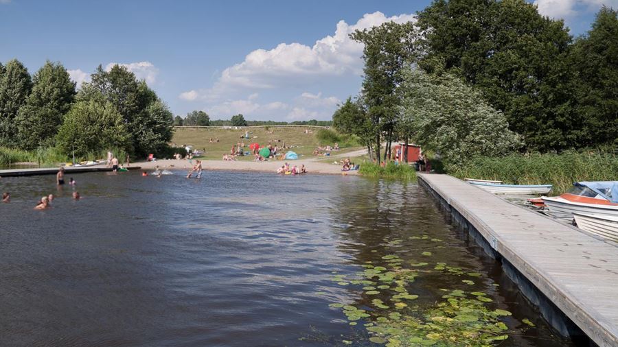 Ett sextiotal personer befinner sig på gräsmattan och stranden vid Hammarskogsbadet. Några av dem badar.