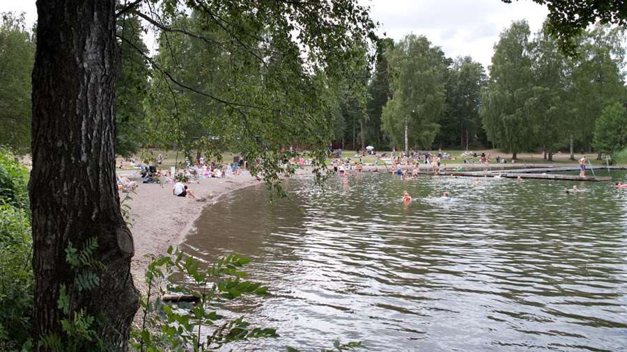 Ett hundratal personer vid stranden och i vattnet vid Sandviksbadet.