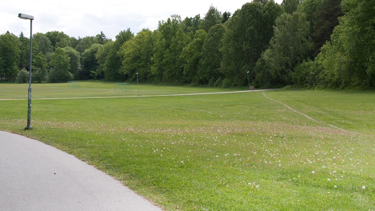Stora gräsytor delade av cykelbanor med belysning i Gottsundagipen.
