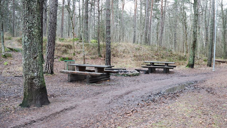 I skogskanten syns tv&#229; picknickplatser i form av bord med b&#228;nkar och en eldstad i mitten. H&#228;r finns ocks&#229; en soptunna.