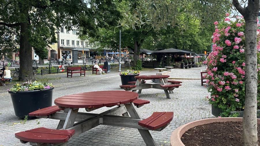 Bord, bänkar, blommor och träd vid ån på Fyristorg