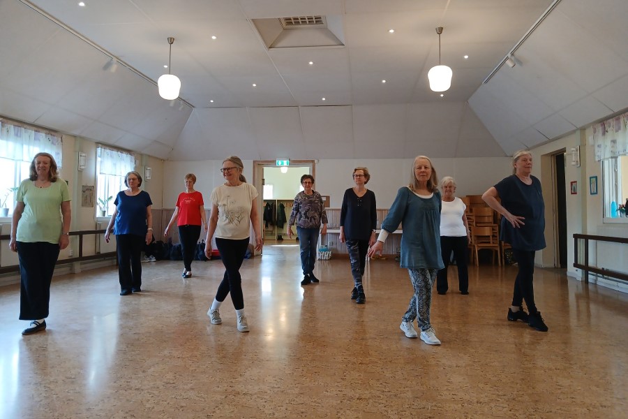 En grupp personer deltar i dans- eller rörelseträning i en ljus samlingslokal.