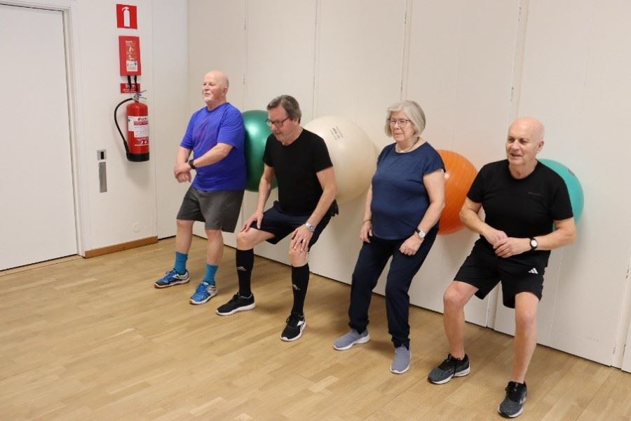 En grupp personer tränar benstyrka genom att luta sig mot väggen med stora träningsbollar bakom ryggen.