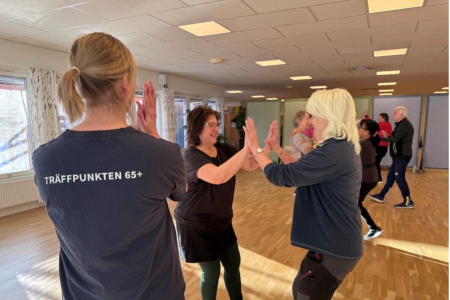 Deltagare står parvis i en motionssal och gör en övning där de möts hand mot hand.