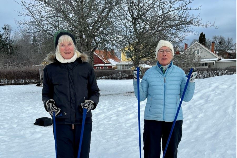 Två personer står med stavar i ett snötäckt vinterlandskap.