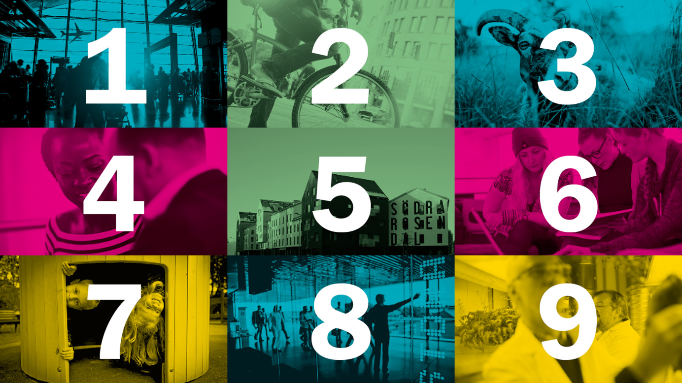 Bild av siffrorna 1-9 vilka står för Uppsala kommuns nio inriktningsmål