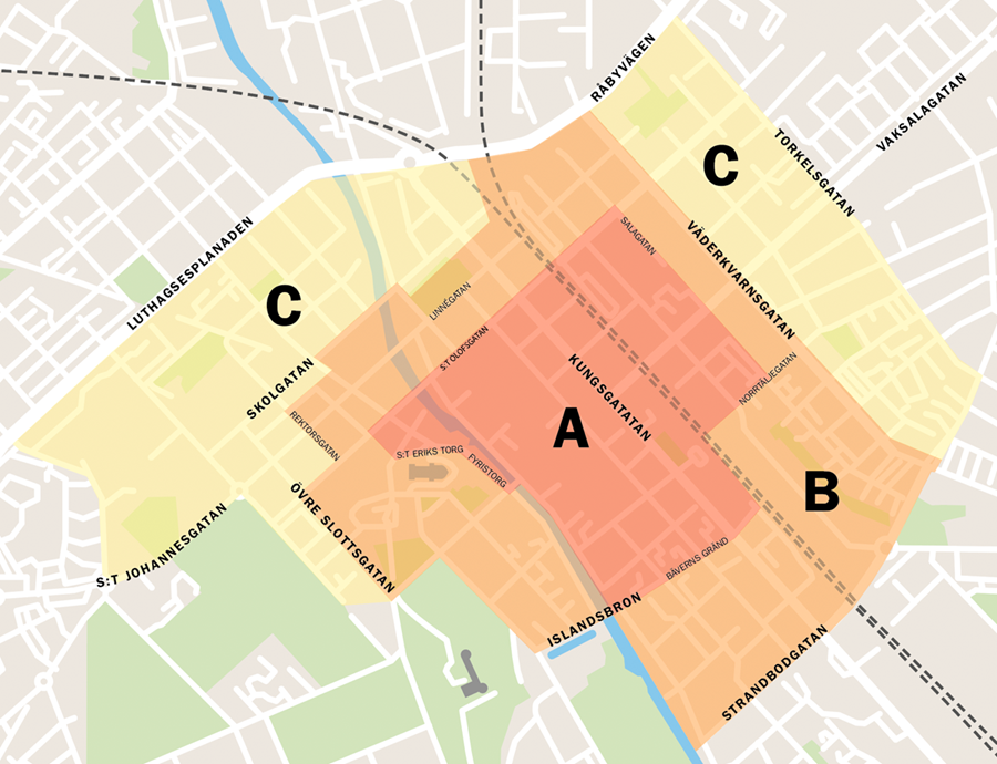 Karta som visar avgiftsområden A, B och C