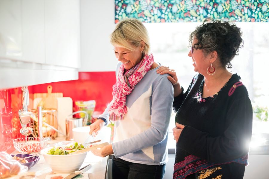 Tv&aring; kvinnor vid diskb&auml;nk g&ouml;r lunch